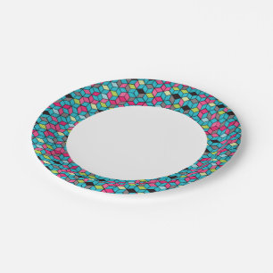 Turqouise and Pink Cube Pattern Paper Plate