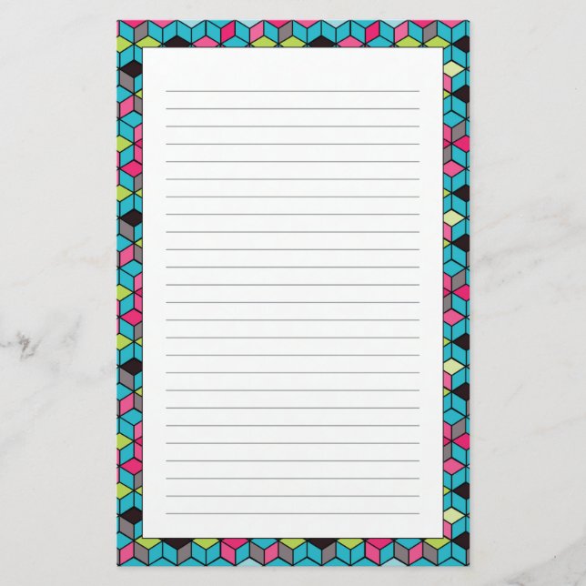 Turqouise and Pink Cube Pattern Stationery (Front)