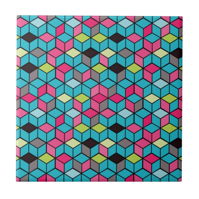 Turqouise and Pink Cube Pattern Tile (Front)