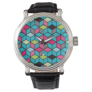 Turqouise and Pink Cube Pattern Watch