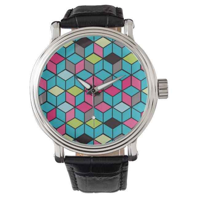 Turqouise and Pink Cube Pattern Watch (Front)