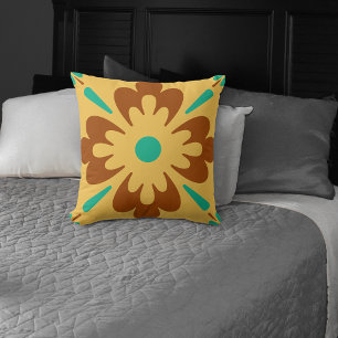 Turqouise Brown And Yellow Spanish Tile Pattern Cushion