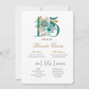 Turqouise floral quinceañera invitation