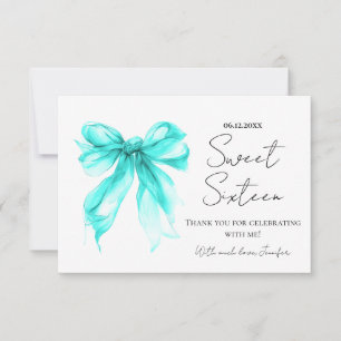 Turquiose Bow Coquette Script Sweet 16 Thank You Card