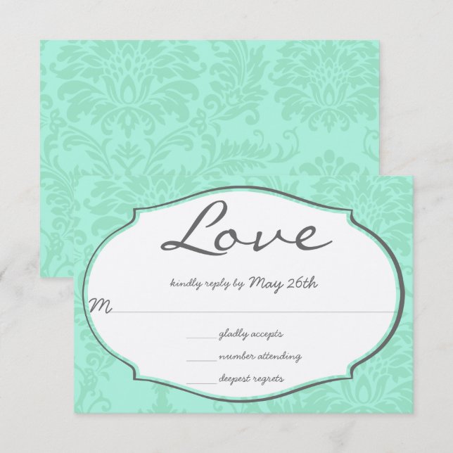Turquiose Mint  Damask Wedding RSVP Invitation (Front/Back)