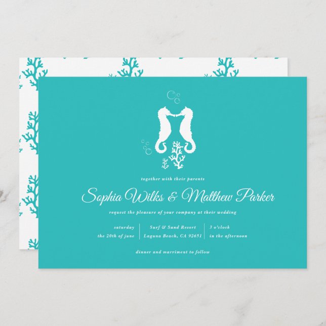 Turquiose Seahorse Beach Wedding Invitation (Front/Back)