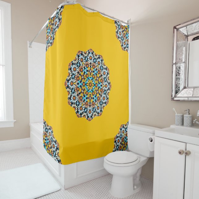 Turquise and Yellow Marble Moroccan Mosaic  Shower Curtain (In Situ)