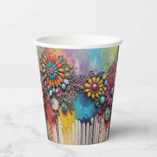 Turquise & Orange Jewels and Colourful Drippy Pain Paper Cups