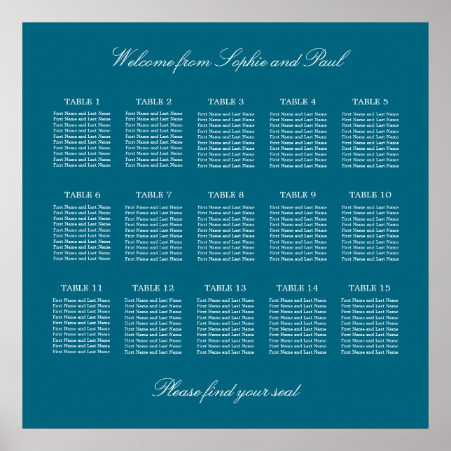 Turquoise 15 Table Wedding Seating Chart Poster (Front)