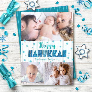 Turquoise 3 Photo Happy Hanukkah Modern Typography Holiday Card
