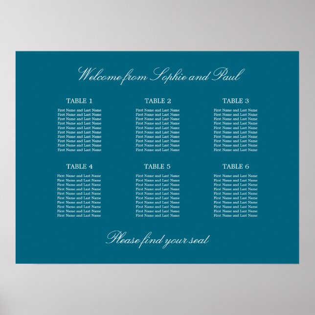 Turquoise 6 Table Wedding Seating Chart Poster (Front)