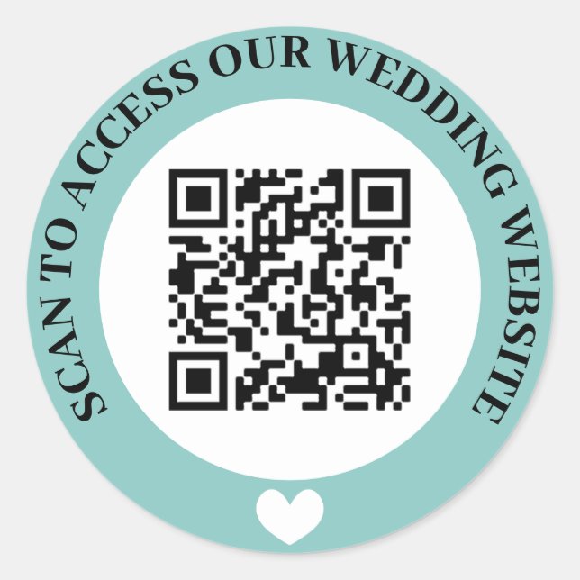 Turquoise Access Wedding Website Heart QR Code Classic Round Sticker (Front)