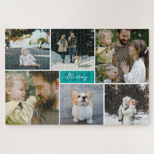 Turquoise Add The Year & Family Name Photo Collage Jigsaw Puzzle