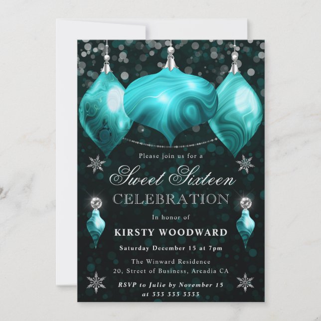 Turquoise Agate Baubles Christmas Sweet 16 Invitation (Front)