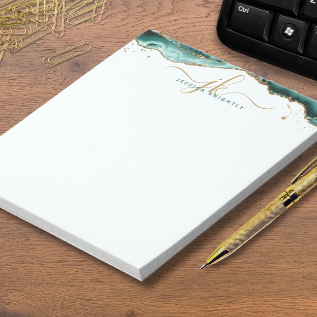 Turquoise Agate Geode Gold Glitter Script Monogram Notepad (Creator Uploaded)