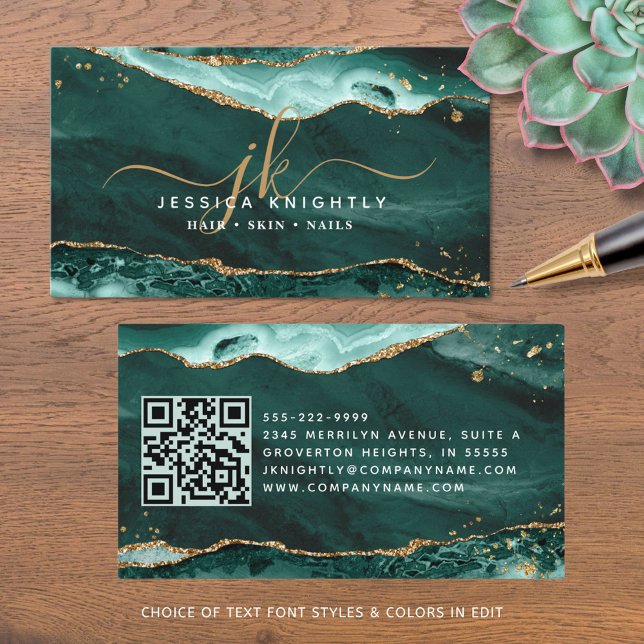 Turquoise Agate Geode Monogram Gold Script Business Card (Creator Uploaded)