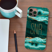 Turquoise Agate Geode Monogram Name Gold Glitter