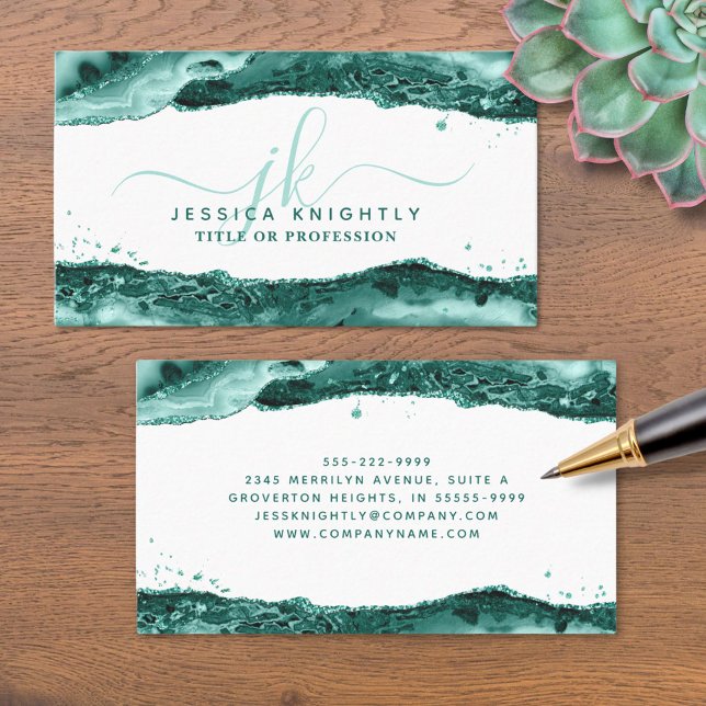 Turquoise Agate Glitter Monogram Script Swash Business Card (Creator Uploaded)