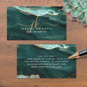 Turquoise Agate Gold Glitter Script Monogram Business Card