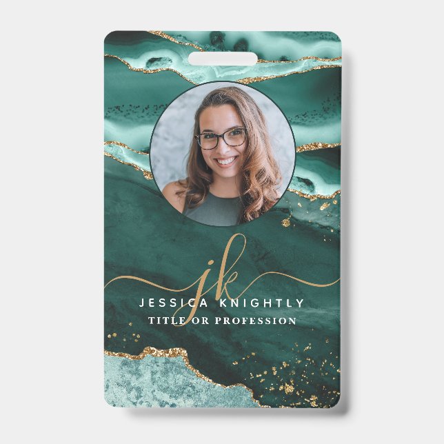 Turquoise Agate Gold Glitter Script Monogram Photo ID Badge (Front)