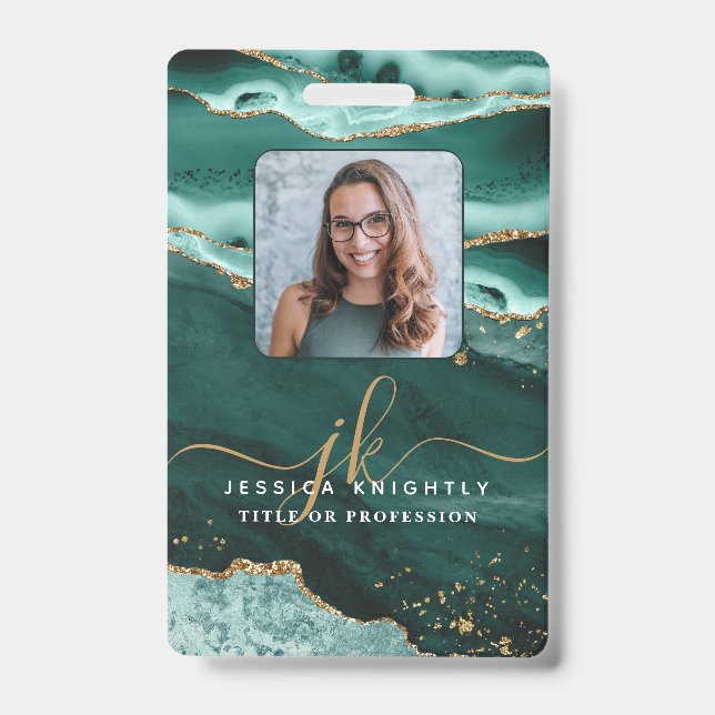 Turquoise Agate Gold Glitter Script Monogram Photo ID Badge (Front)