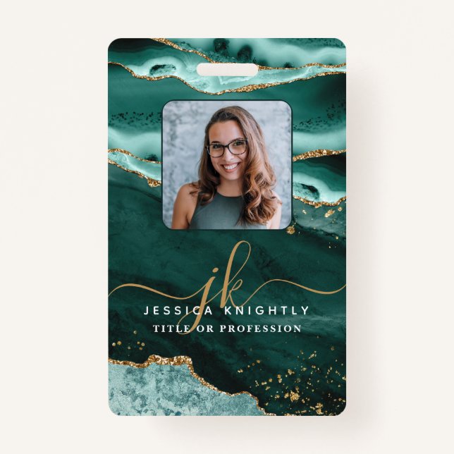 Turquoise Agate Gold Glitter Script Monogram Photo ID Badge (Front)