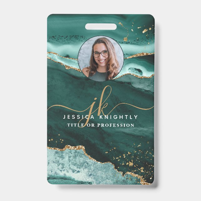 Turquoise Agate Gold Glitter Script Monogram Photo ID Badge (Front)