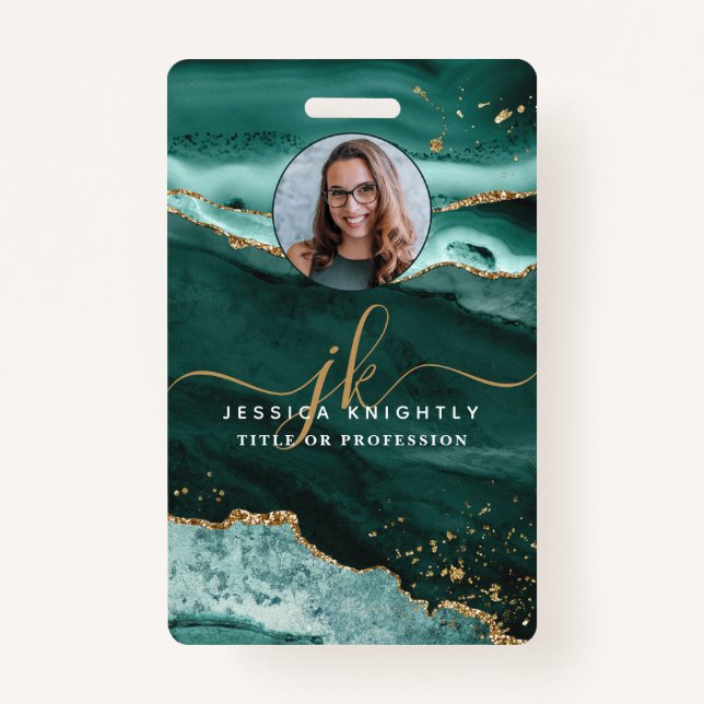 Turquoise Agate Gold Glitter Script Monogram Photo ID Badge (Front)