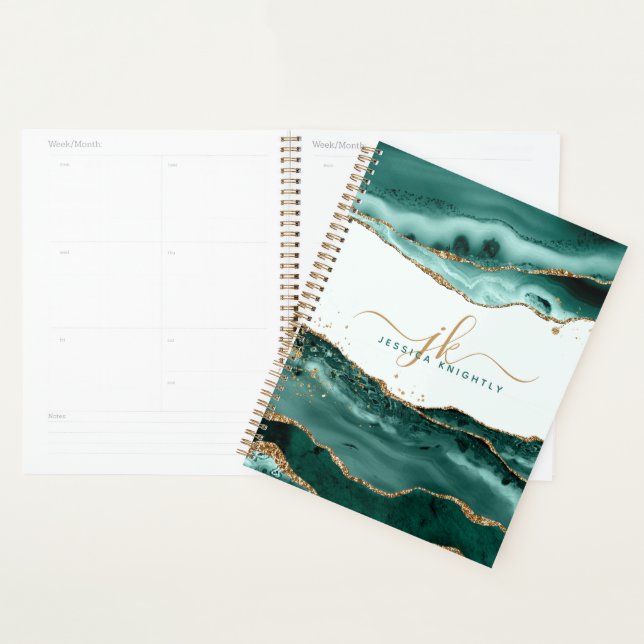 Turquoise Agate Gold Glitter Script Monogram Planner (Display)