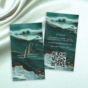 Turquoise Agate Gold Glitter Script Monogram QR Business Card