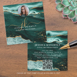 Turquoise Agate Gold Glitter Script Photo QR Square Business Card