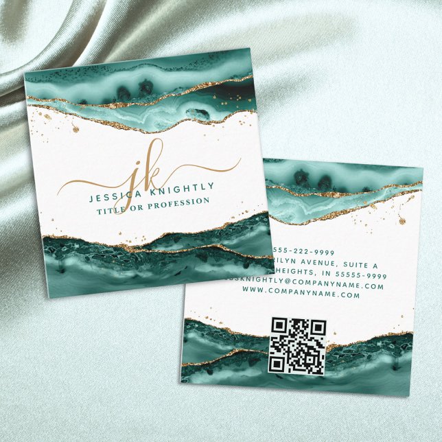 Turquoise Agate Gold Script Monogram QR Code Square Business Card (Creator Uploaded)