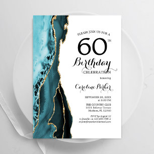 Turquoise Agate Gold White 60th Birthday Invitation