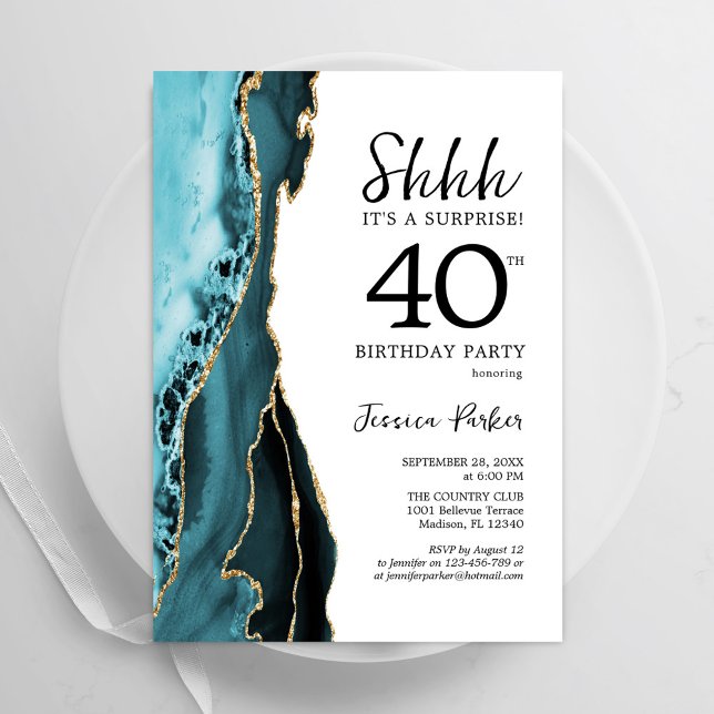 Turquoise Agate Gold White Surprise 40th Birthday Invitation (Creator Uploaded)