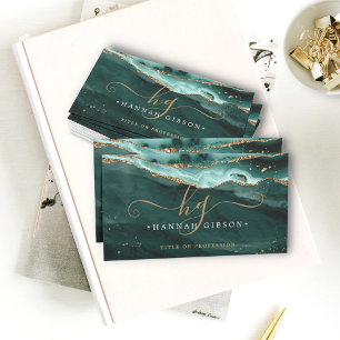  Turquoise Agate Script Monogram Faux Gold Glitter Business Card