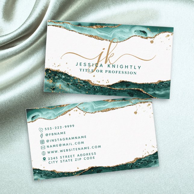 Turquoise Agate Script Monogram Gold Glitter Business Card (Creator Uploaded)