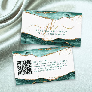 Turquoise Agate Script Monogram Gold Glitter QR Business Card