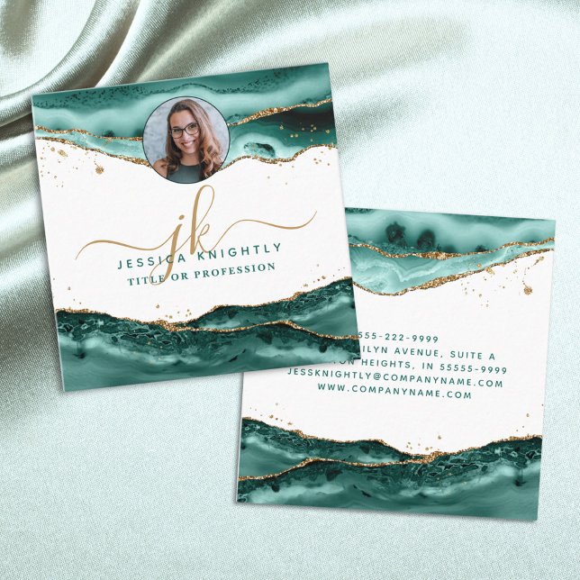 Turquoise Agate Script Monogram Photo Square Business Card (Creator Uploaded)