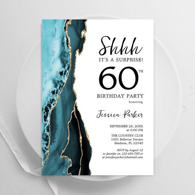 Turquoise Agate White Gold Surprise 60th Birthday Invitation (Creator Uploaded)