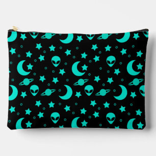 Turquoise Alien Pattern with Stars and Moons Accessory Pouch