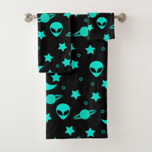 Turquoise Alien Pattern with Stars and Moons Bath Towel Set