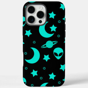Turquoise Alien Pattern with Stars and Moons iPhone 16 Pro Max Case