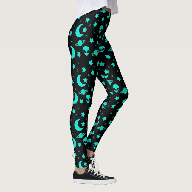Turquoise Alien Pattern with Stars and Moons Leggings (Right)