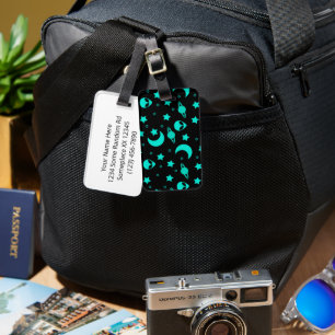 Turquoise Alien Pattern with Stars and Moons Luggage Tag