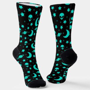 Turquoise Alien Pattern with Stars and Moons Socks