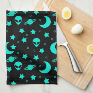 Turquoise Alien Pattern with Stars and Moons Tea Towel