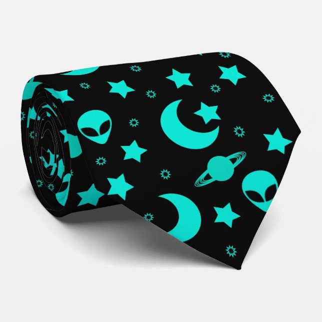 Turquoise Alien Pattern with Stars and Moons Tie (Rolled)