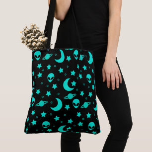 Turquoise Alien Pattern with Stars and Moons Tote Bag
