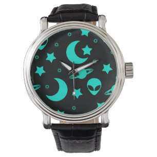 Turquoise Alien Pattern with Stars and Moons Watch