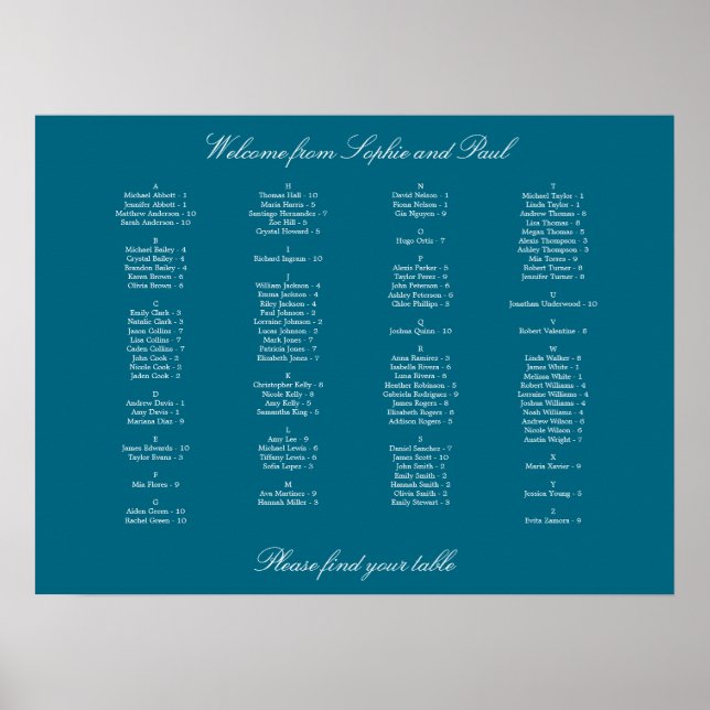 Turquoise Alphabetical Seating Chart Poster (Front)